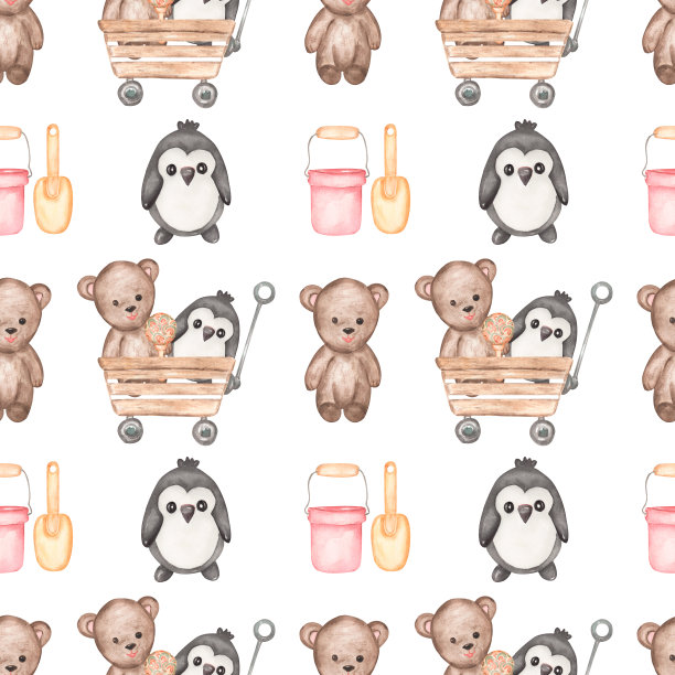 水彩无缝图案与可爱的孩子玩具。熊和企鹅重复纸。手绘儿童图案与动物。图片下载