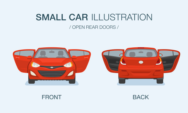 孤立的新型现代小车与后门打开。前后视图。图片下载