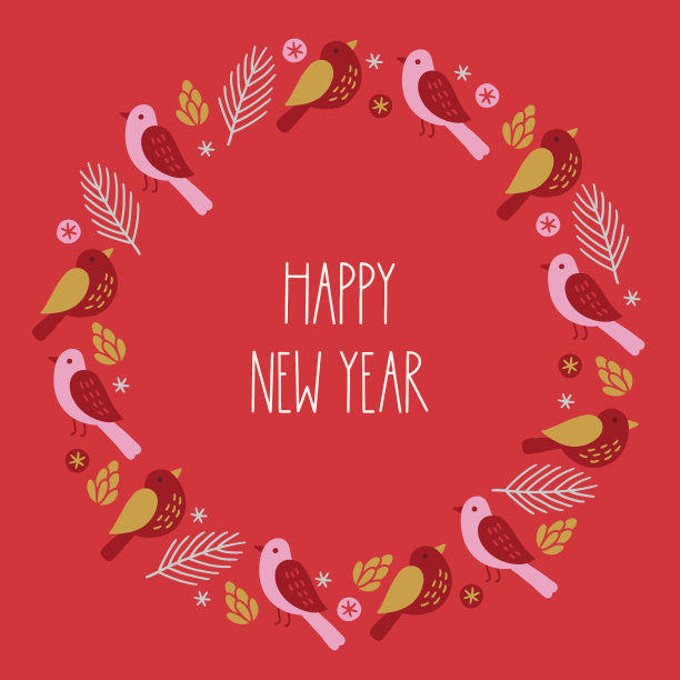 圣诞贺卡上有小鸟、冷杉树枝、球果、雪花图片下载