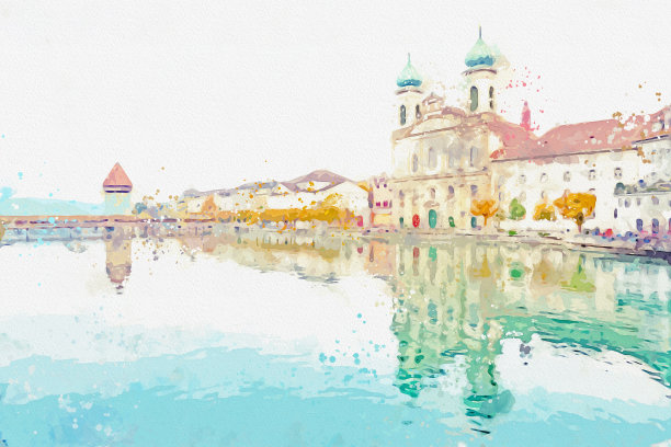 卢塞恩市水彩画风景和瑞士著名地标教堂桥。图片下载