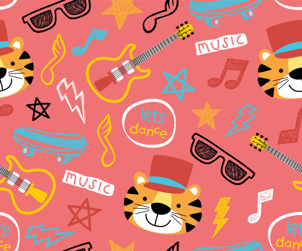 矢量无缝模式的音乐和滑板元素与可爱的老虎卡通图片下载