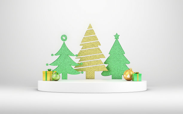 新年概念与绿色和黄色圣诞树，白色讲台聚光灯图片下载