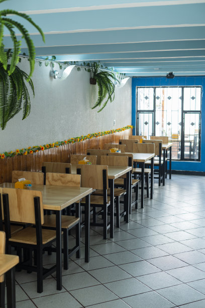 空餐厅的照片，桌子和椅子组织开放等待顾客图片下载