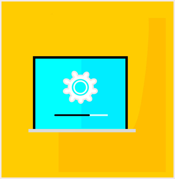 黄色背景与齿轮/设置在笔记本电脑屏幕上图片下载