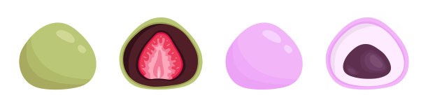 草莓绿茶麻糬和红豆沙粉麻糬矢量集。插图与日本传统甜点。亚洲食品。图片下载