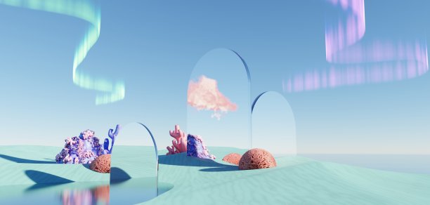 超现实美丽的梦幻土地背景。几何拱形冬季景观中的沙丘。梦幻岛风景与水和自然多云的天空。金属镜拱。3 d渲染。图片下载