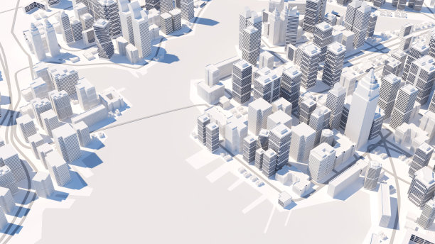 市内商圈内高楼林立，道路和河流林立。商务区内写字楼和高层建筑林立。，低多边形城市景观与建筑，3d渲染图片下载