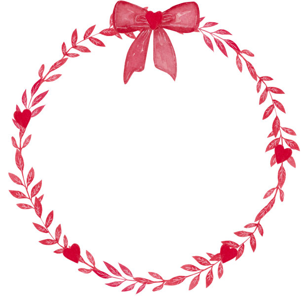水彩插图，花环与红叶，蝴蝶结和心形在白色背景。图片下载