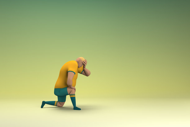 穿着黄色衬衫和绿色裤子的运动员。他很伤心，很痛苦。动画角色在表演中的三维渲染。图片下载