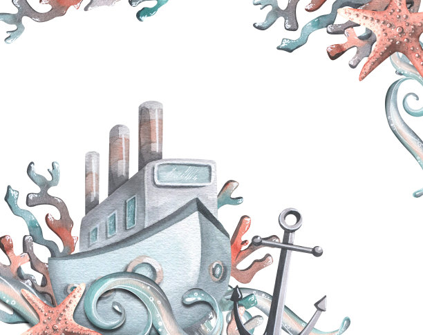 一艘船，一艘有波浪的轮船，一个锚，珊瑚和一只海星。水彩插图。鲸鱼集合中的模板。用于海滩、夏季及海洋装饰设计图片下载