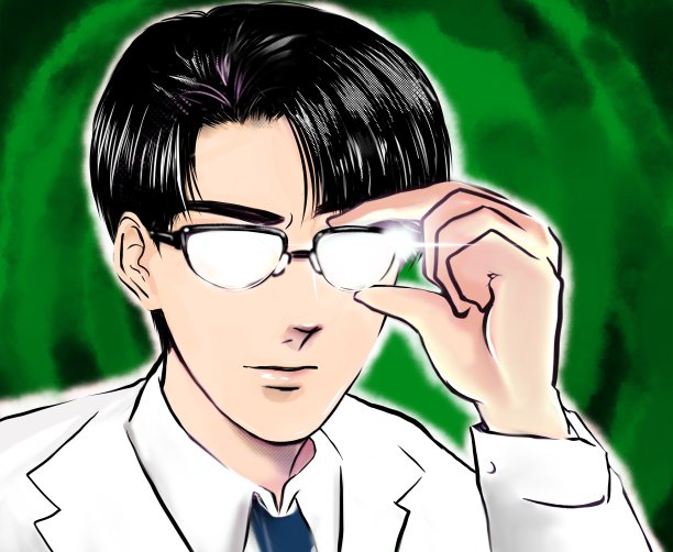 彩色卡通插图的医生与黑色的头发和超级头发在白色的外套盯着一些可疑的发光的眼睛图片下载