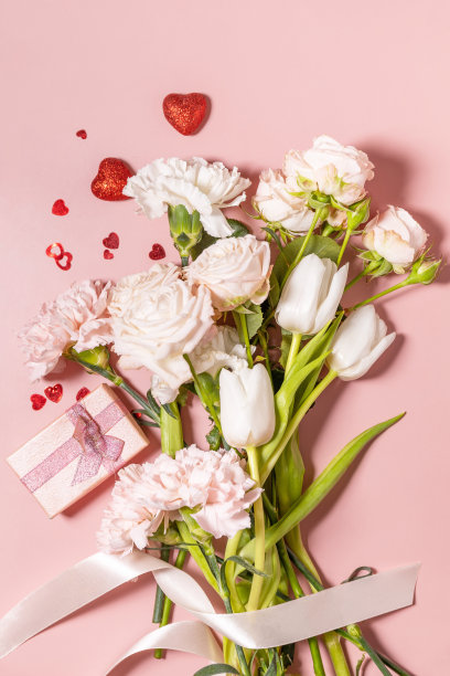情人节贺卡与美丽的鲜花和礼物在粉红色的背景。情人节、妇女节、婚礼、生日或母亲节。从上面看。图片下载