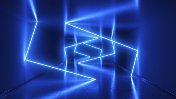 灯火通明的霓虹灯隧道或走廊，夜店内的空房。三维渲染图片下载