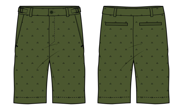 Chino裁缝短裤设计平面素描矢量插图，牛仔休闲短裤概念与前后视图，印刷行走百慕大行走短裤设计插图图片下载