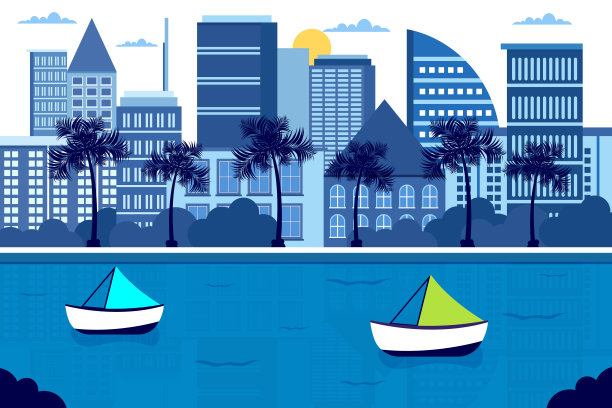 城市的印度，游艇和棕榈树——平面阶梯的矢量插图图片下载