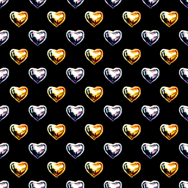 由闪亮的心形气球制作的圆点无缝插图(黄色，银色，黑色)图片下载