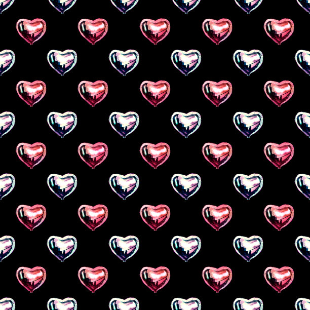 用闪闪发光的心形气球(粉色，银色，黑色)无缝描绘圆点图片下载