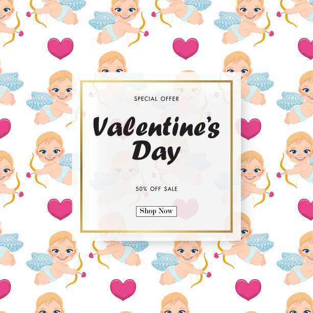 情人节出售可爱的丘比特和爱心背景矢量图片下载