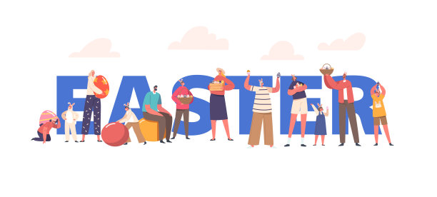 复活节庆祝概念海报，快乐的人物，年轻人和老年人，彩色的彩蛋和篮子图片下载