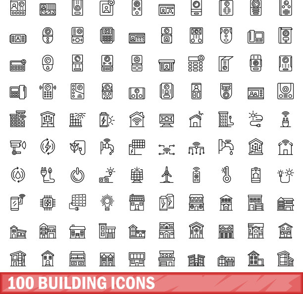 100个轮廓风格建筑图标图片下载