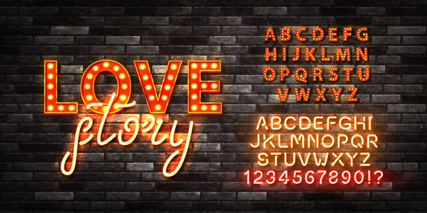 爱情故事复古跑马灯文字矢量素材，霓虹字母字体颜色可修改，情人节概念图片下载