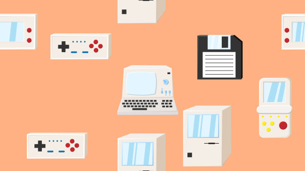 无缝模式无穷无尽的电子产品和技术电脑游戏机老复古复古潮从70年代，80年代，90年代隔离在黄色背景。矢量图图片下载