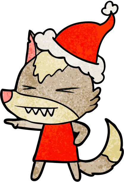 愤怒的狼手画纹理卡通戴着圣诞老人的帽子图片下载
