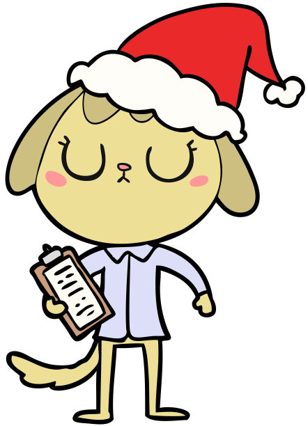 可爱的手绘线画的狗穿着办公衬衫，戴着圣诞老人的帽子图片下载