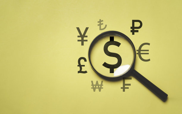 美元的美元标志内放大镜与世界主要货币包括人民币日元英镑卢布欧元的交易外汇和货币兑换概念。图片下载