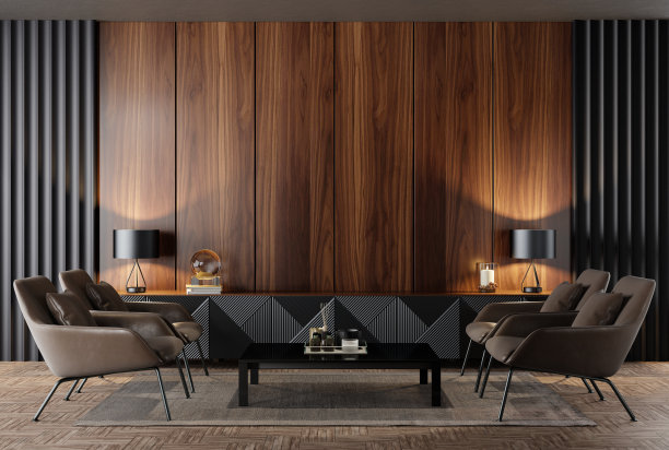 豪华的黑色和木材客厅内部与墙板图片下载