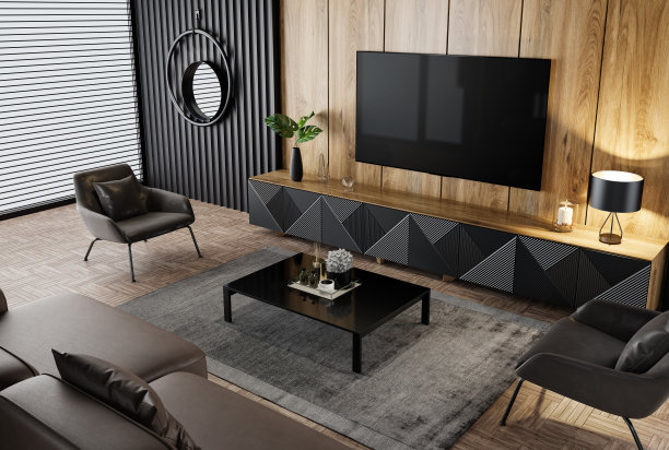 豪华的黑色和自然木材客厅内部75英寸电视图片下载