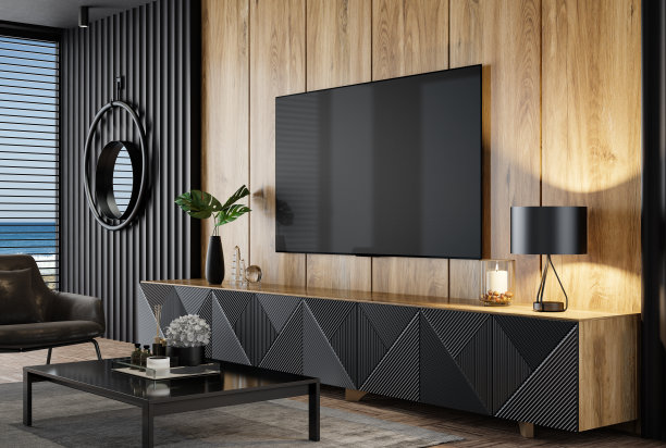 豪华的黑色和自然木材客厅内部75英寸电视图片下载