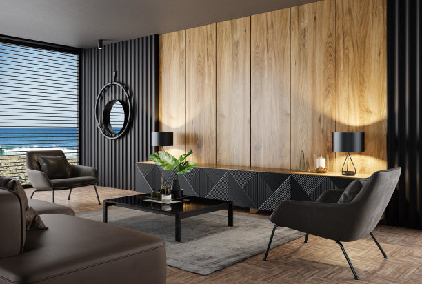 豪华的黑色和自然木材客厅内部图片下载