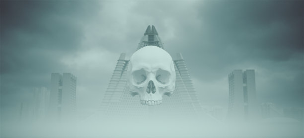 白色骷髅漂浮在野兽派建筑前，阴雾缭绕，抽象的面孔图片下载