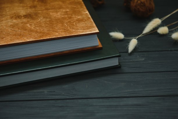 绿色婚礼或家庭照片书与皮革封面。时尚的婚礼相册特写。木制背景的家庭相册。图片下载