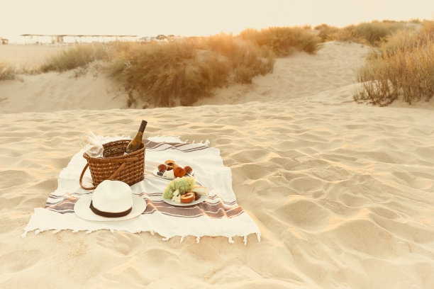 海滩上有葡萄酒和水果图片下载