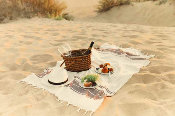 海滩上有葡萄酒和水果图片下载