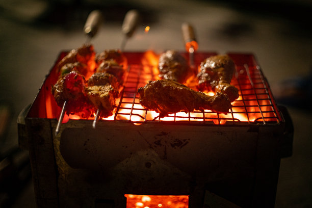 肉、鸡肉和蔬菜在烧烤的木头和煤火上烤制成受欢迎的印度菜，加上街头小吃的香料图片下载