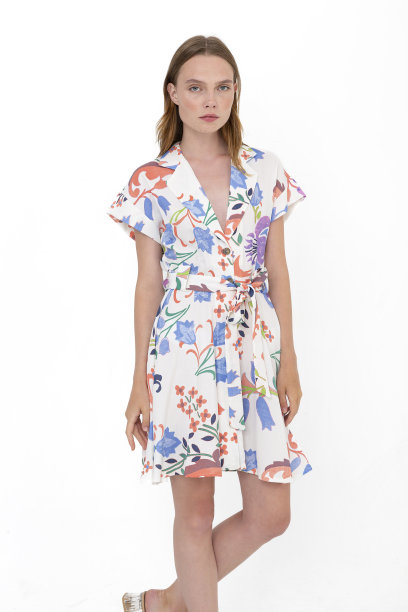 金发女孩穿着有图案的夏季连衣裙在秋天的颜色对白色的背景。图片下载