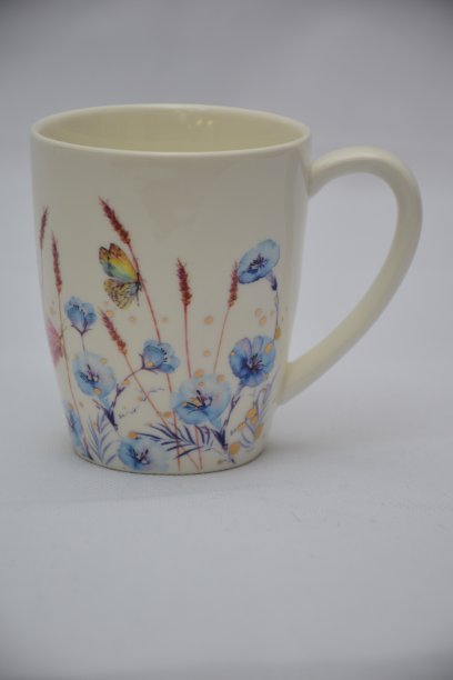白色陶瓷茶杯或咖啡杯彩色套装，带有蓝色红色花朵和蝴蝶，与白色背景隔离图片下载