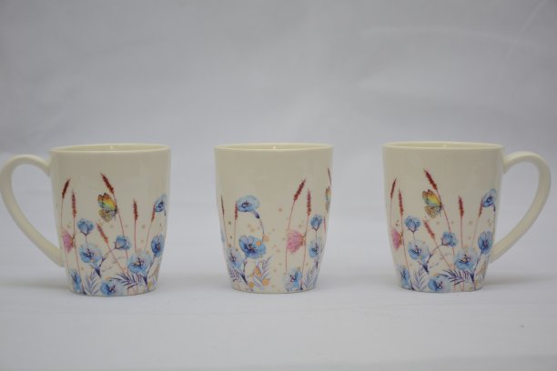 白色陶瓷茶杯或咖啡杯彩色套装，带有蓝色红色花朵和蝴蝶，与白色背景隔离图片下载