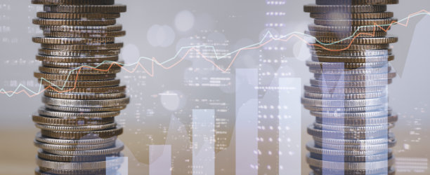 金融投资和业务概念的双重曝光的图形和行硬币。图片下载