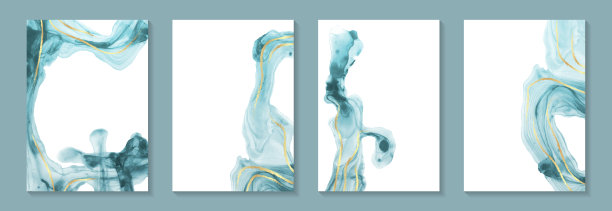 水彩背景与抽象的蓝色墨水波浪和金色曲线。图片下载