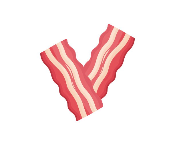 煎培根条。两条白底煎脆培根。煎培根汉堡和三明治的食物为商店和市场矢量设计和插图。图片下载