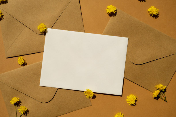 漂亮的黄色洋甘菊雏菊花在邮政黄色信封米黄色背景，空纸笔记复制空间文字，春天，节日贺卡。花交付图片下载
