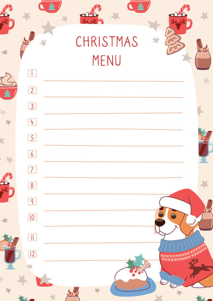 圣诞菜单设计在平面风格。菜单上装饰着一只有趣的狗ââ，它穿着印有驯鹿图案的新年毛衣。节日饮料的背景。矢量动画。图片下载