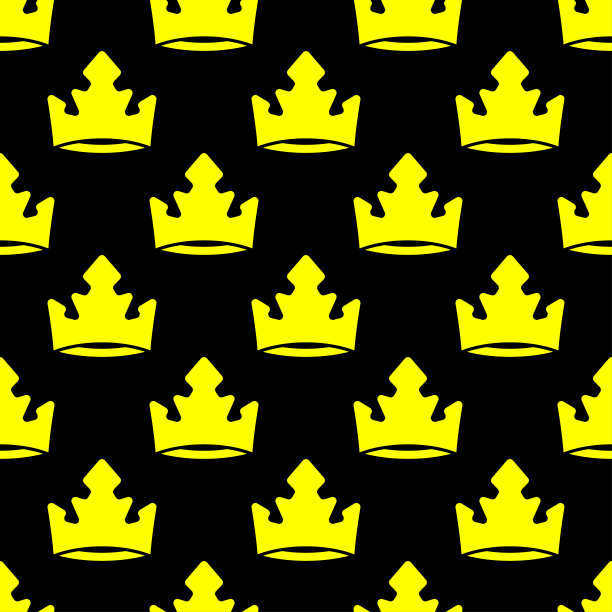 黄色小冠孤立在黑色背景上。可爱的单色皇家无缝图案。矢量简单平面图形说明。纹理。图片下载