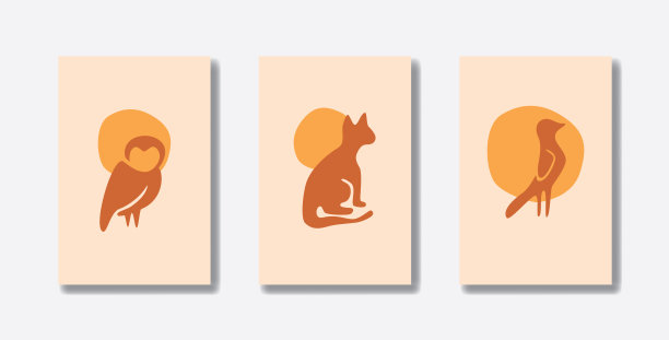 一套3有机形状手绘风格马蒂斯灵感猫头鹰，猫和鸟图片下载