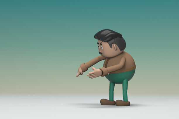 那个留着小胡子的男人穿着一件棕色的长衬衫，绿色的裤子。他说话时手脚都很灵活。动画角色在表演中的三维渲染。图片下载