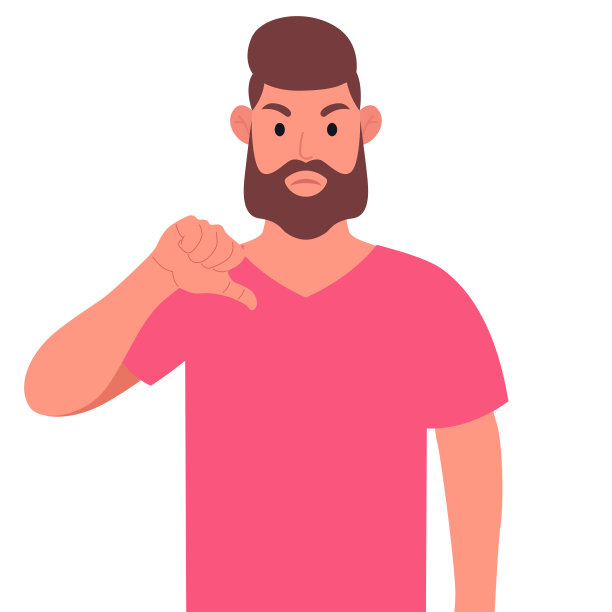 穿着粉红色t恤的大胡子男子显示拇指向下的手势。矢量插图。图片下载